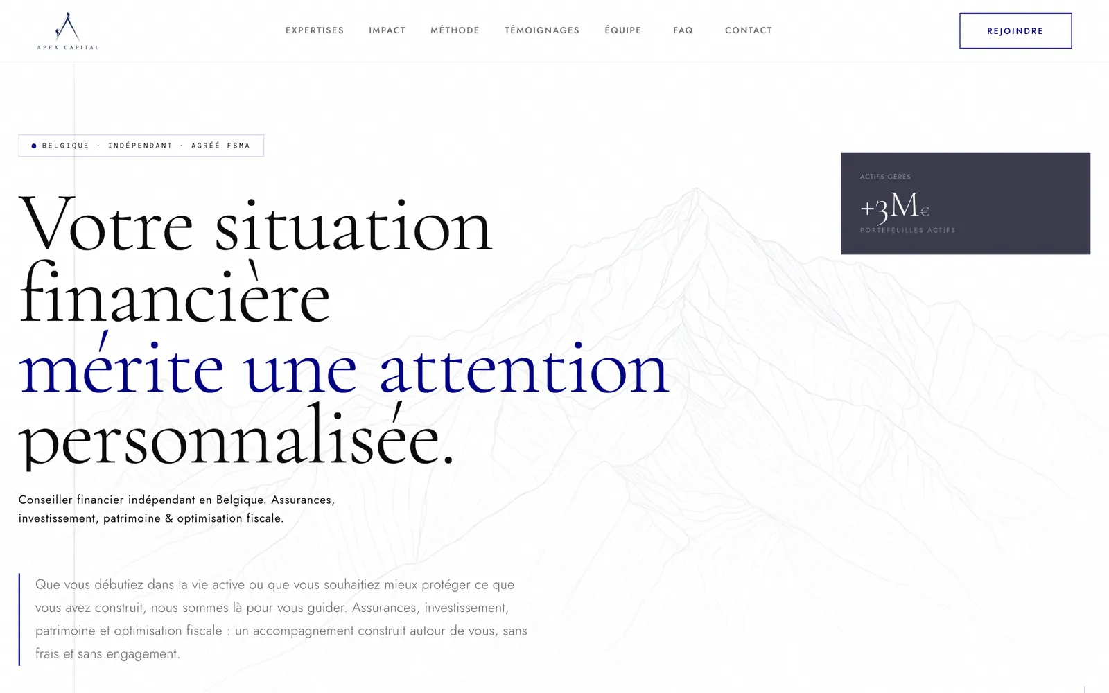 Page d'accueil du site Apex Capital : « Votre situation financière mérite une attention personnalisée »