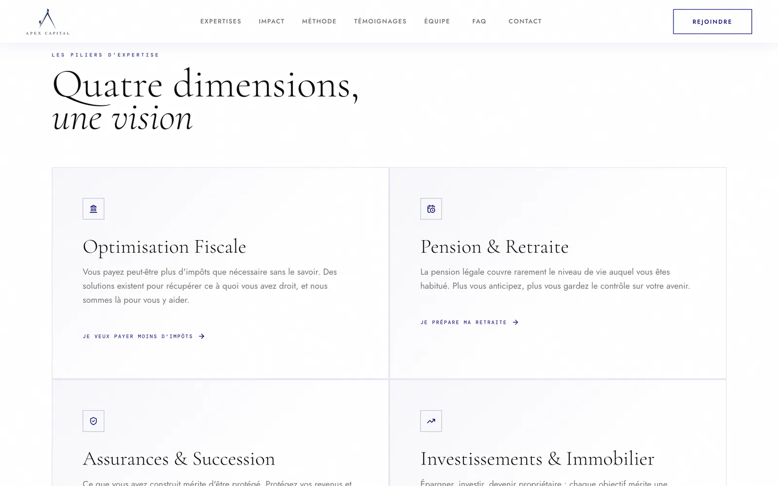 Section « Quatre dimensions, une vision » : les quatre expertises d'Apex Capital