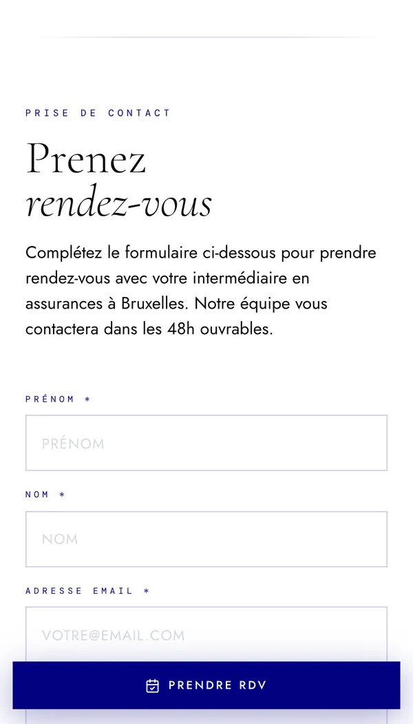Version mobile : formulaire « Prenez rendez-vous » et bouton de rendez-vous fixé en bas d'écran
