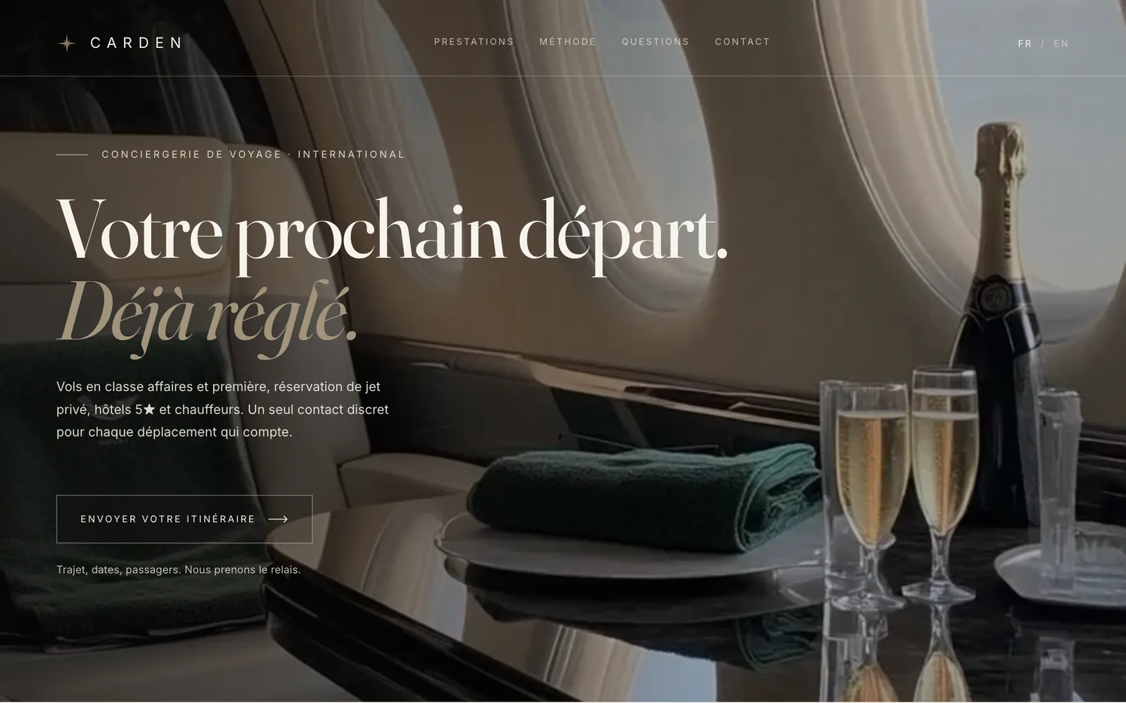 Page d'accueil du site CARDEN : « Votre prochain départ. Déjà réglé. »