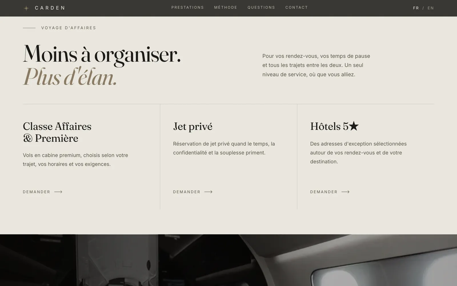 Section « Moins à organiser. Plus d'élan. » : classe affaires et première, jet privé, hôtels 5 étoiles